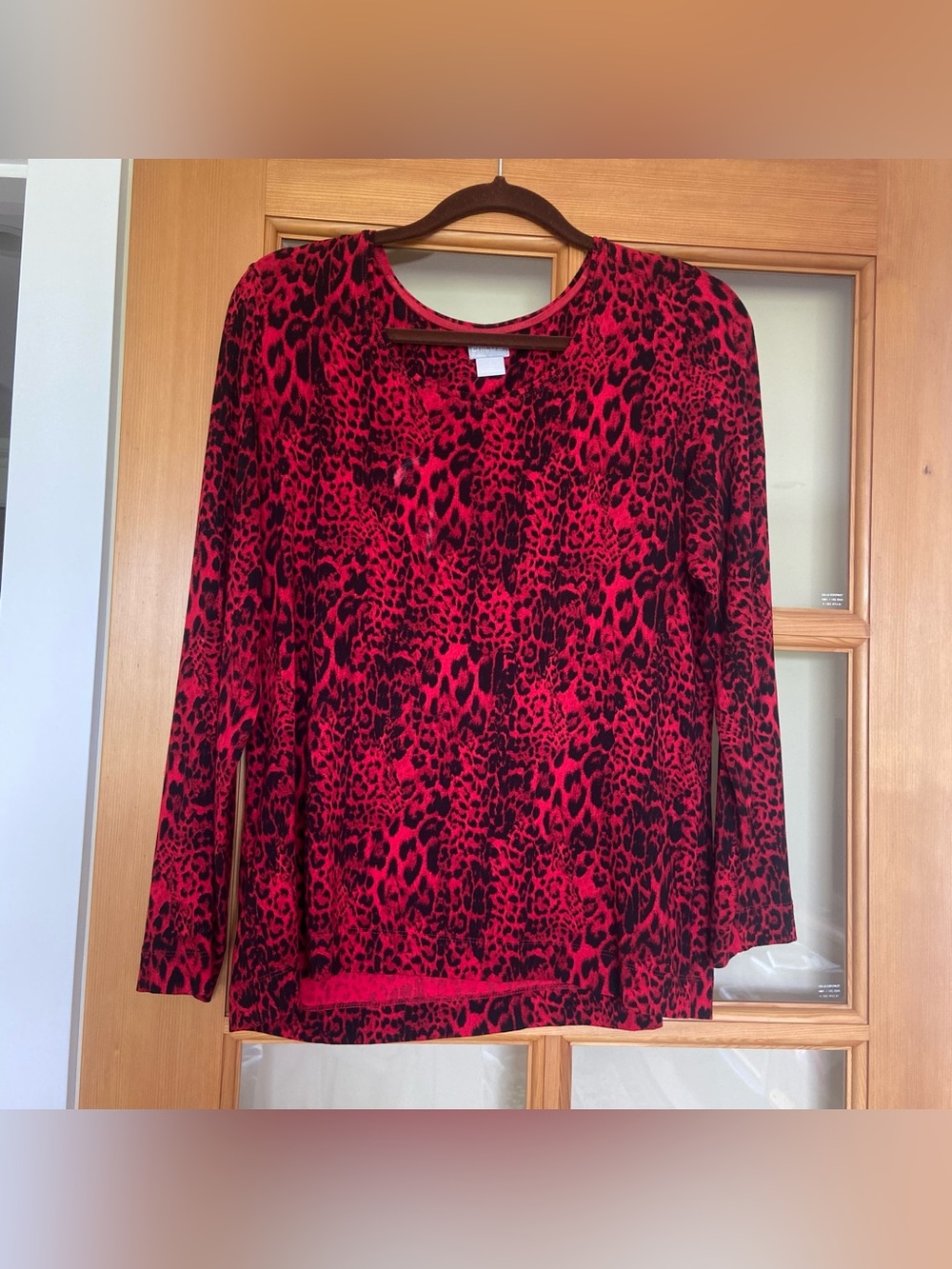 Chico’s Women’s Red Leopard Print Long-Sleeve Top - so cool technology Like New